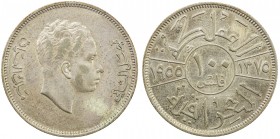 IRAQ: Faisal II, 1939-1958, AR 100 fils, 1955/AH1375, KM-118, partial original mint luster, a lovely example for this rare date! About Unc, RRR. This ...