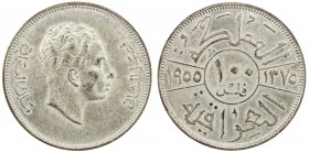 IRAQ: Faisal II, 1939-1958, AR 100 fils, 1955/AH1375, KM-118, EF to About Unc, RRR. This is the rarest coin in modern Iraq coinage. It is believed tha...