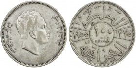 IRAQ: Faisal II, 1939-1958, AR 100 fils, 1955/AH1375, KM-118, EF, RRR. This is the rarest coin in modern Iraq coinage. It is believed that most of the...