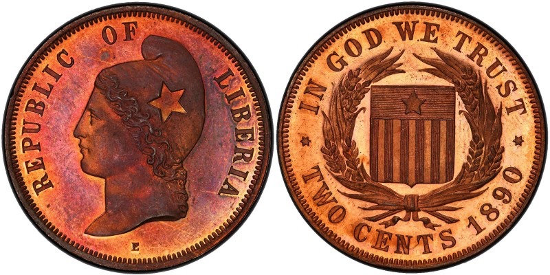 LIBERIA: Republic, AE 2 cents, 1890, KM-Pn52, a superb example! PCGS graded Spec...