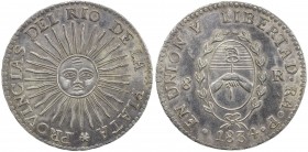 ARGENTINA: Rio de la Plata, AR 8 reales, 1834, KM-20, initials RA-P, sunface type, polished and retoned, EF.

Estimate: USD 200 - 300