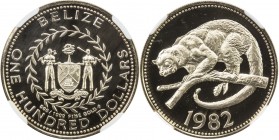 BELIZE: Elizabeth II, 1981-, AV 100 dollars, 1982-FM, KM-70, Kinkajou, a tropical rainforest mammal, mintage of only 586 coins! NGC graded PF70 UC, R....