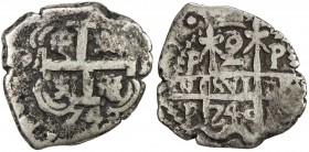 BOLIVIA: Felipe V, 1700-1746, AR 2 reales (6.27g), [1]740-P, KM-29a, assayer P, cob coinage, 2 mintmarks, 2 dates, 3 assayers, crude, but full cross v...