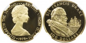 BRITISH VIRGIN ISLANDS: Elizabeth II, 1953-, AV 100 dollars, 1979-FM, KM-25, Sir Francis Drake, mintage of only 3,216 coins, NGC graded PF70 UC, S. 
...