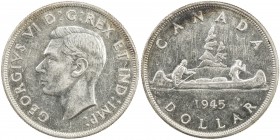 CANADA: George VI, 1936-1952, AR dollar, 1945, KM-37, semi-prooflike, rainbow toned blotch on reverse, near the edge, EF to About Unc.

Estimate: US...