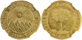 CENTRAL AMERICAN REPUBLIC: AV 2 escudos, 1850-CR, KM-15, assayer JB, radiant sun with face above a row of five volcanoes, mount expertly removed, NGC ...
