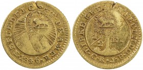 COSTA RICA: AV ½ escudo, ND (1849-57), KM-80, countermark type VI (HABILITADA PO EL GOBIERNO "Enabled by Government" around lion) on Central American ...