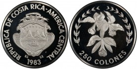 COSTA RICA: Republic, AR 250 colones, 1983, KM-217, National arms // Guaria Morada orchid, struck at the Franklin Mint, mintage of only 393 pieces! PC...