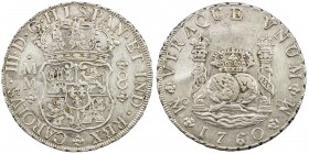 MEXICO: Carlos III, 1759-1788, AR 8 reales, 1766-Mo, KM-105, Gilboy-M-8-37a, transitional variety with CAROLUS. III recut over FERDIN. VI, cleaning, V...