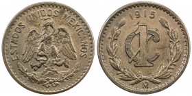 MEXICO: Estados Unidos, AE centavo, 1915, KM-415, the larger type (non-Zapata), better date, mostly brown with hints of red, About Unc.

Estimate: U...
