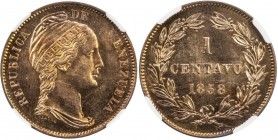VENEZUELA: Republic, AE centavo, 1858, Y-7, variety with LIBERTAD incuse, a lovely example! NGC graded Specimen 65 RD, ex Carabobo Collection. 

Est...