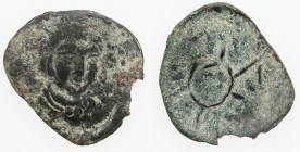 BUKHARA: Unknown ruler, 6th-7th century, AE cash (1.17g), cf. Zeno-254479, bust with medium length hair slightly to right // crude tamgha, Very Good t...