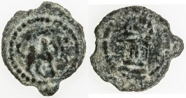 BUKHARA: Anonymous, ca. 650-725, AE cash (1.69g), Smirnova—, cf. Zeno-143733, camel right, stylized and unread legend to the right // fire-altar, VF, ...
