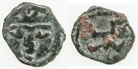 BUKHARA: Anonymous, early 8th century, AE unit (1.48g), cf. Zeno-12935, crowned head facing // tamgha of Paikend or 'dancing man', green patina, VF, R...