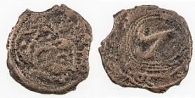 KESH: Ahurpat, ca. 720s-737, AE cash (1.64g), cf. Zeno-131269, Sasanian-style crowned bust right, Sogdian legend before // triskeles in the field with...