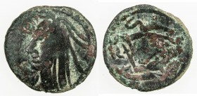 NAKHSHAB: Unknown ruler, late 4th to mid-6th century, AE cash (2.02g), Rtveladze-39, bust left, elaborate hair style with long locks, Sogdian legend b...