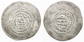 SAMANID: Nuh III, 976-997, AR broad dirham (6.05g), NM, ND, A-1469L, imitative issue from the Andaraba region, with the name abbreviated as Nuh Mansur...