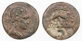INDO-GREEK: Agathocles, ca. 190-180 BC, copper-nickel double unit (7.51g), Bop-5C, wreathed bust of Dionysos right // panther prowling before a vine, ...
