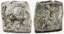 INDO-SCYTHIAN: Anonymous ruler, ca. 110-100 BC, AR square hemidrachm (0.71g), Mitchiner-677, Senior-A17.3, horse walking right // winged Nike right, h...