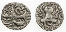 KIDARITE: Pratapaditya, 5th century, debased AV dinar (7.27g), Mitch-3638-43, stylized king standing left // abstract Ardoksho seated facing, bold str...