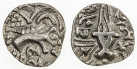 KIDARITE: Vinayaditya, late 5th century, debased AV dinar (6.74g), Mitch-3656-60, highly stylized king standing left // abstract Ardoksho seated facin...