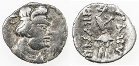 KUSHAN: Heraios, ca 1-30 AD, AR obol (0.56g), Mitch-2840/43, diademed bust right // standing soldier, somewhat debased legend, struck in the Bamiyan r...