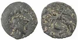 KUSHAN: Kujula Kadphises, ca. 30-80 AD, AE small unit (0.77g), Mitch-2912, Roman style head right // uncertain deity standing, choice VF, RR. 

Esti...