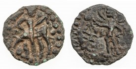 KUSHAN: Huvishka, ca. 155-187, AE small unit (1.55g), king standing, holding peculiar object // deity Mithra standing, nimbate, tamgha left, later imi...