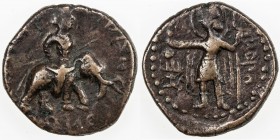 KUSHAN: Huvishka, ca. 155-187, AE tetradrachm (12.49g), MK-911, king riding elephant right, holding trident // fire god Pharro standing left, offering...