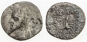 SAKAURACAE: Otannes, ca. 70 BC, AR drachm (2.90g), Mitch-609, human head countermark on the obverse of a Parthian drachm of Orodes I, some surface por...