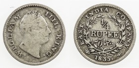 BRITISH INDIA: William IV, 1830-1837, AR ¼ rupee, 1835(c), KM-448.6, Prid-91, S&W-1.69, raised F on truncation, dot after date, 18 berries, Persian de...