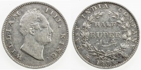 BRITISH INDIA: William IV, 1830-1837, AR ½ rupee, 1835(c), KM-449.3, 'F' incuse on truncation, 20 berries in wreath, VF.

Estimate: USD 100 - 150