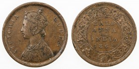 BRITISH INDIA: Victoria, Queen, 1837-1876, AE ½ anna, 1862(c), KM-468, S&W-4.151, sloping numeral 1 in date, some small marks on rims, VF.

Estimate...