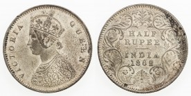 BRITISH INDIA: Victoria, Queen, 1837-1876, AR ½ rupee, 1862(c), KM-472, moderately cleaned, EF.

Estimate: USD 90 - 120