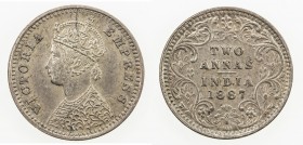 BRITISH INDIA: Victoria, Empress, 1876-1901, AR 2 annas, 1887-B, KM-488, S&W-6.393, incuse mintmark, lightly toned, Choice About Unc.

Estimate: USD...