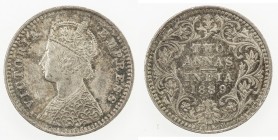 BRITISH INDIA: Victoria, Empress, 1876-1901, AR 2 annas, 1889-B, KM-488, S&W-6.398, incuse mintmark, nicely toned, especially on the reverse, Choice A...