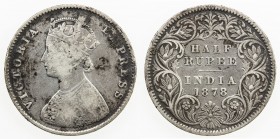 BRITISH INDIA: Victoria, Empress, 1876-1901, AR ½ rupee, 1878(c), KM-491, moderately cleaned, rare date, Fine, R. 

Estimate: USD 90 - 120