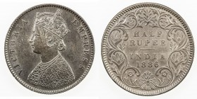 BRITISH INDIA: Victoria, Empress, 1876-1901, AR ½ rupee, 1886-C, KM-491, lightly cleaned, choice EF.

Estimate: USD 100 - 150