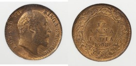 BRITISH INDIA: Edward VII, 1901-1910, AE 1/12 anna, 1908(c), KM-498, NGC graded MS64 RB.

Estimate: USD 40 - 60