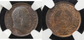 BRITISH INDIA: Edward VII, 1901-1910, AE 1/12 anna, 1910(c), KM-498, lustrous surface with iridescent purple hue, a gorgeous example, NGC graded MS65 ...