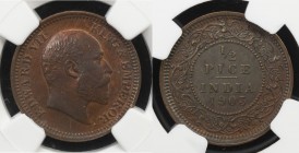 BRITISH INDIA: Edward VII, 1901-1910, AE ½ pice, 1903(c), KM-499, NGC graded MS62 RB.

Estimate: USD 50 - 75
