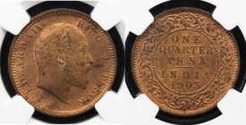 BRITISH INDIA: Edward VII, 1901-1910, AE ¼ anna, 1903(c), KM-501, NGC graded MS64 RB.

Estimate: USD 40 - 60