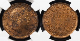 BRITISH INDIA: Edward VII, 1901-1910, AE ¼ anna, 1904(c), KM-501, NGC graded MS62 RB.

Estimate: USD 40 - 60