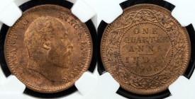 BRITISH INDIA: Edward VII, 1901-1910, AE ¼ anna, 1906(c), KM-502, NGC graded MS63 RB.

Estimate: USD 40 - 60