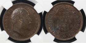 BRITISH INDIA: Edward VII, 1901-1910, AE ¼ anna, 1910(c), KM-502, gorgeous iridescent luster, NGC graded MS65 BR.

Estimate: USD 40 - 60