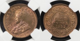 BRITISH INDIA: George V, 1910-1936, AE ½ pice, 1932(c), KM-499, NGC graded MS65 RB.

Estimate: USD 40 - 60