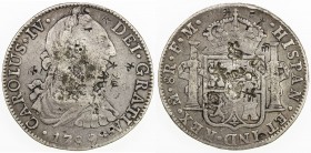 CHOPMARKED COINS: MEXICO: Carlos IV, 1788-1808, AR 8 reales, 1789-Mo, KM-107, assayer FM, two-year type, multiple small chopmarks on obverse, with a m...
