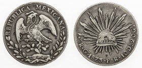 CHOPMARKED COINS: MEXICO: Republic, AR 8 reales, 1873-Go, KM-377.8, assayer FR, with several small Chinese merchant chopmarks and 'sunburst' chopmark ...