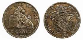 BELGIUM: Leopold I, 1831-1865, AE 2 centimes, 1861, KM-4.2, better date, variety with stop at end of designer's signature, EF to About Unc.

Estimat...
