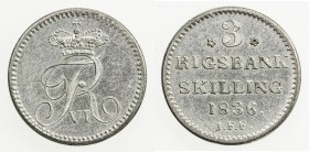 DENMARK: Frederik VI, 1808-1839, AR 3 rigsbankskilling, 1836, KM-711, initials IFF, lustrous, About Unc.

Estimate: USD 90 - 120